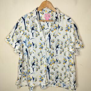 Isaac Mizrahi Linen Shirt Bird Floral Lemon Button Up